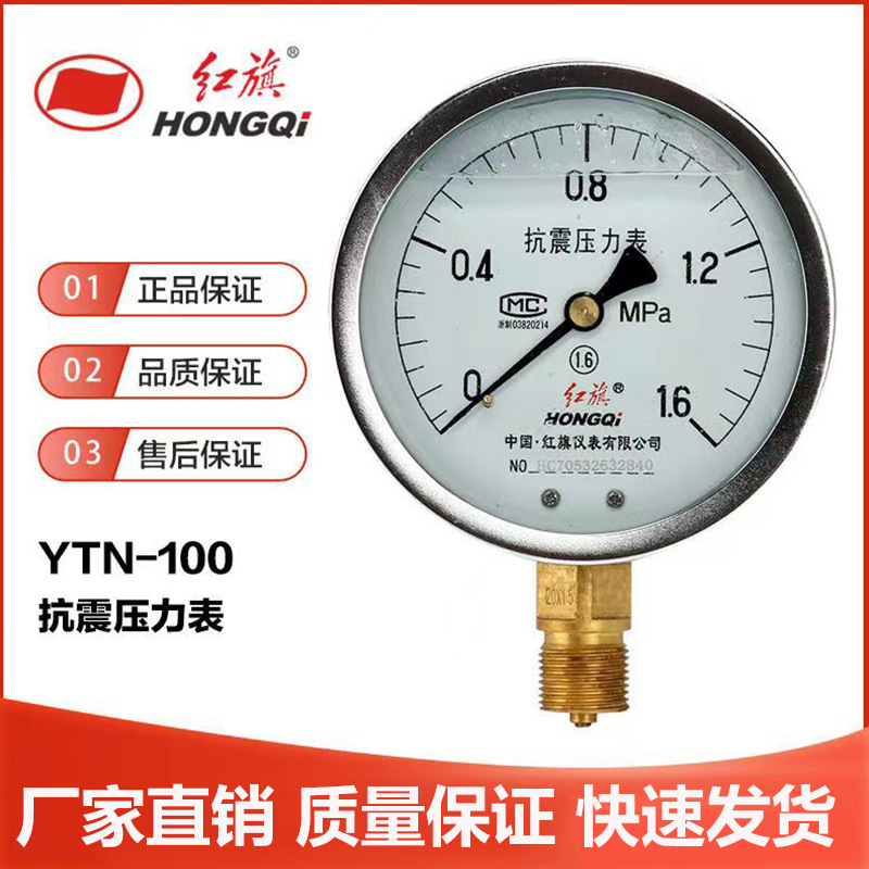 厂家红旗仪表防YN100抗耐震压力表YTN-100径向1mpa充油水气1.6级