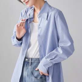 TOUCH ME时尚通勤条纹衬衣女轻奢春秋新款优雅蓝色气质衬衫