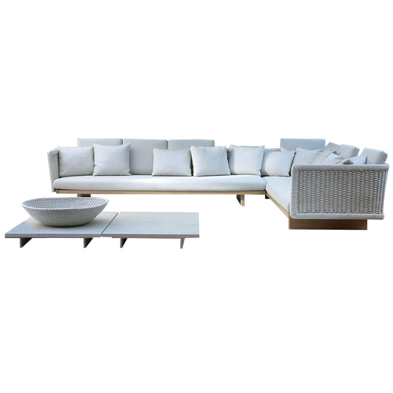 Sofá de patio exterior, conjunto de muebles para jardín y balcón, sofá de ratán y teca resistente al agua y al sol para terraza de villa.