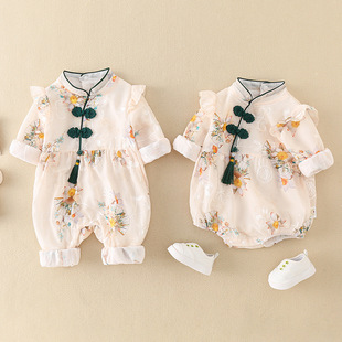 Baby Autumn Clothing Thin Chinese Style Romper Newborn Autumn One-Piece Clothes Baby Girl Full Month Hundred Days Dress