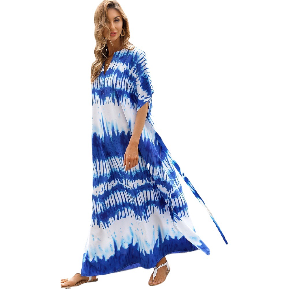 Blusa de playa de secado rápido azul y blanco que florece bata suelta camisa de protección solar junto al mar vacaciones falda bikini blusa 1D30