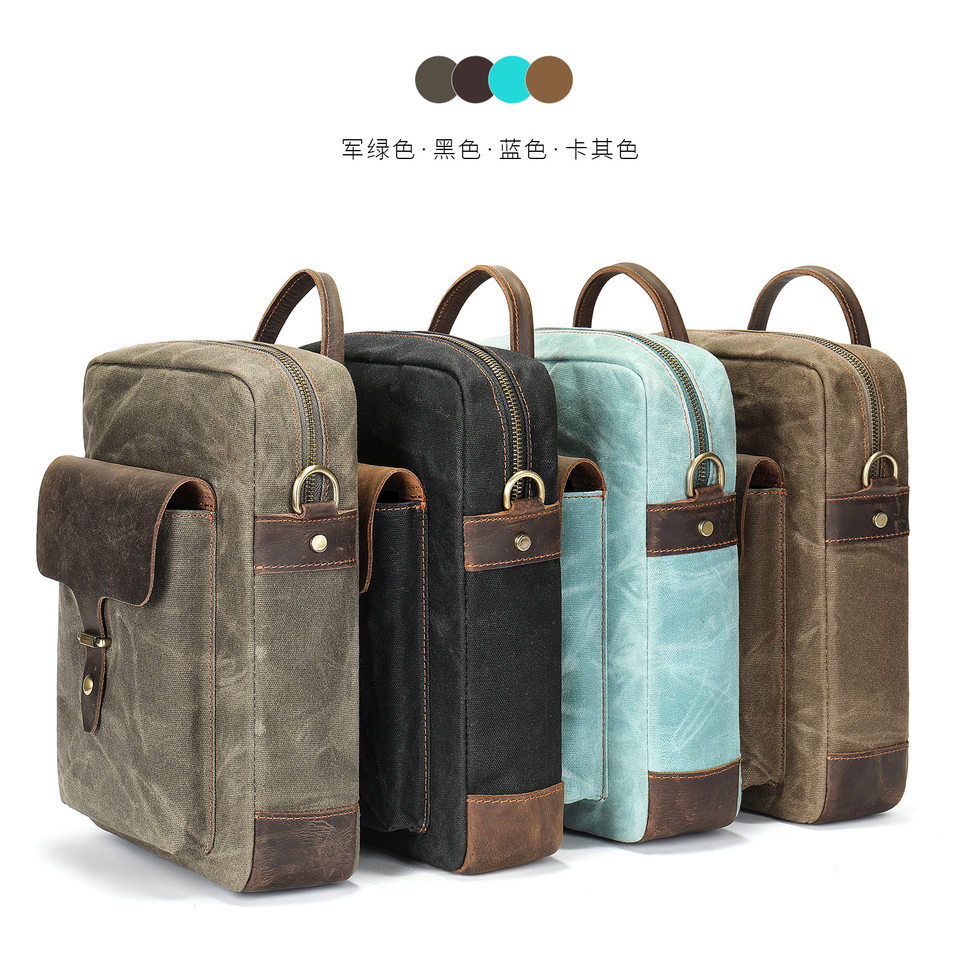 Túi đeo chéo nam da bò phối vải canvas kiểu dọc — Màu vải Kaki đậm, Màu xanh lam nhạt, Màu xanh quân đội, Màu đen