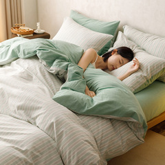 All-cotton colored woven striped four-piece set pure cotton washable duvet cover student three-piece set Japanese bare sleep bedding set