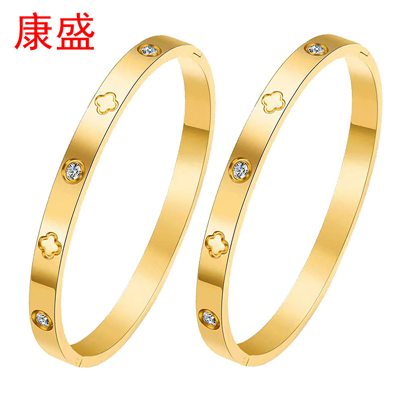 High-End Stainless Steel Four-Leaf Clover Bracelet with Diamonds, Fashionable Niche Design, V Gold Non-Fading Titanium Steel Bracelet