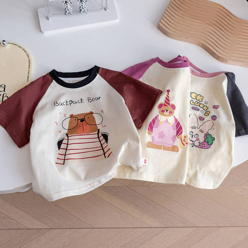 Summer baby girl cartoon outer wear printed T-shirt 2024 new cute and western style color matching versatile half-sleeved top