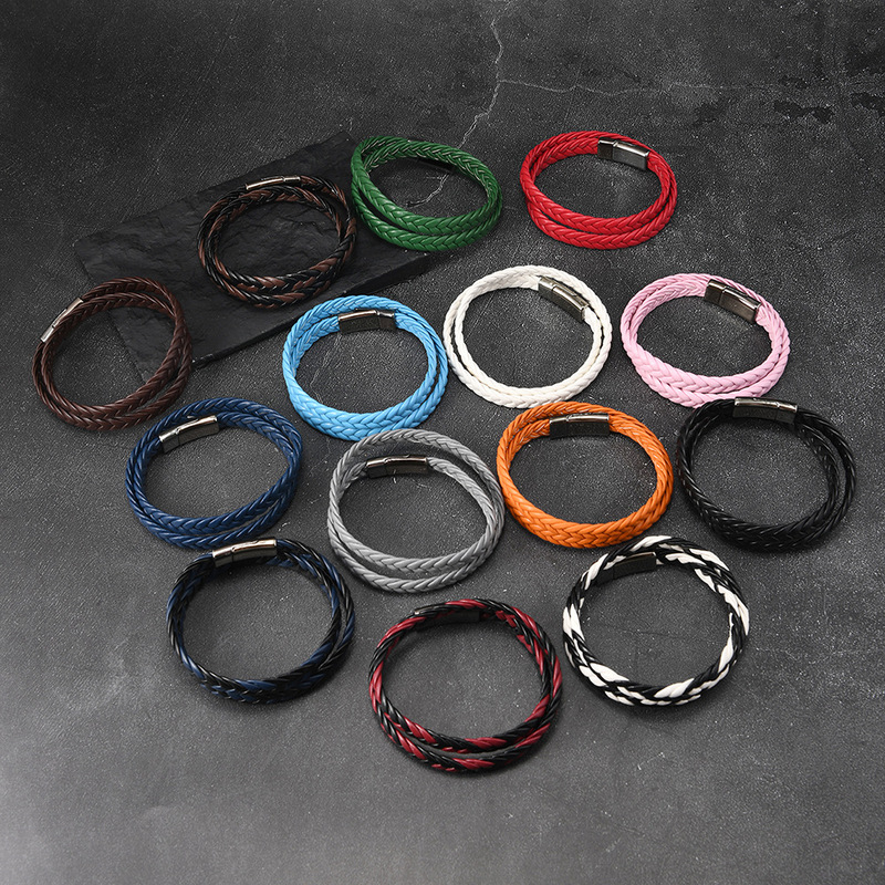 Cross-Border Color Bracelet Leather Braided Bracelet Simple and Fashionable Leather Electroplated Steel Color Magnetic Buckle Bracelet for Men and Women Couples