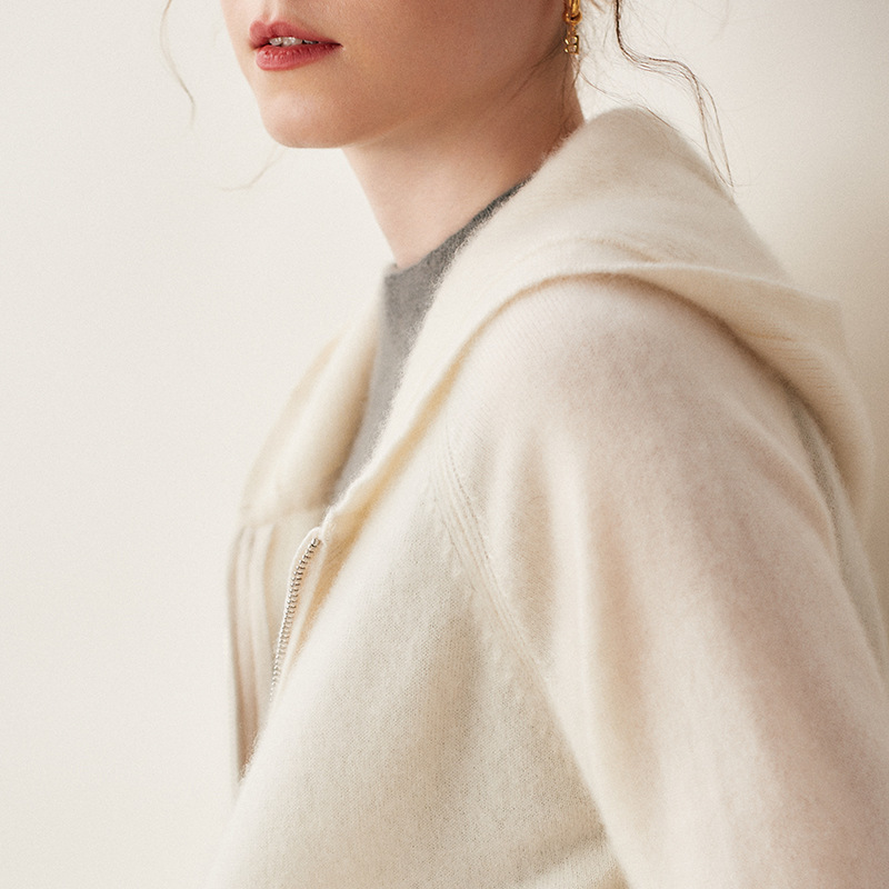 Women's hooded cashmere sweater pure cashmere cardigan thick cotton T loose thickened pull needle