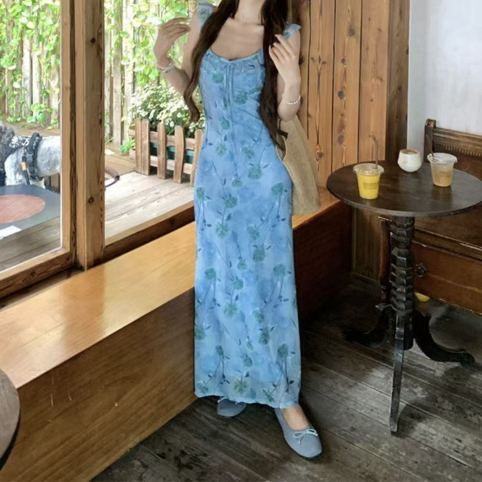 法式蓝色玫瑰花V领系带连衣裙女夏季2025新款甜美收腰绝美A字长裙|undefined