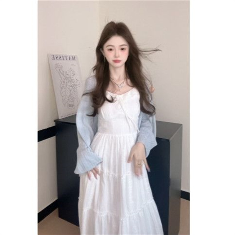 法式温柔风白色吊带裙女2025春季新款V领开衫连衣裙两件套装|undefined