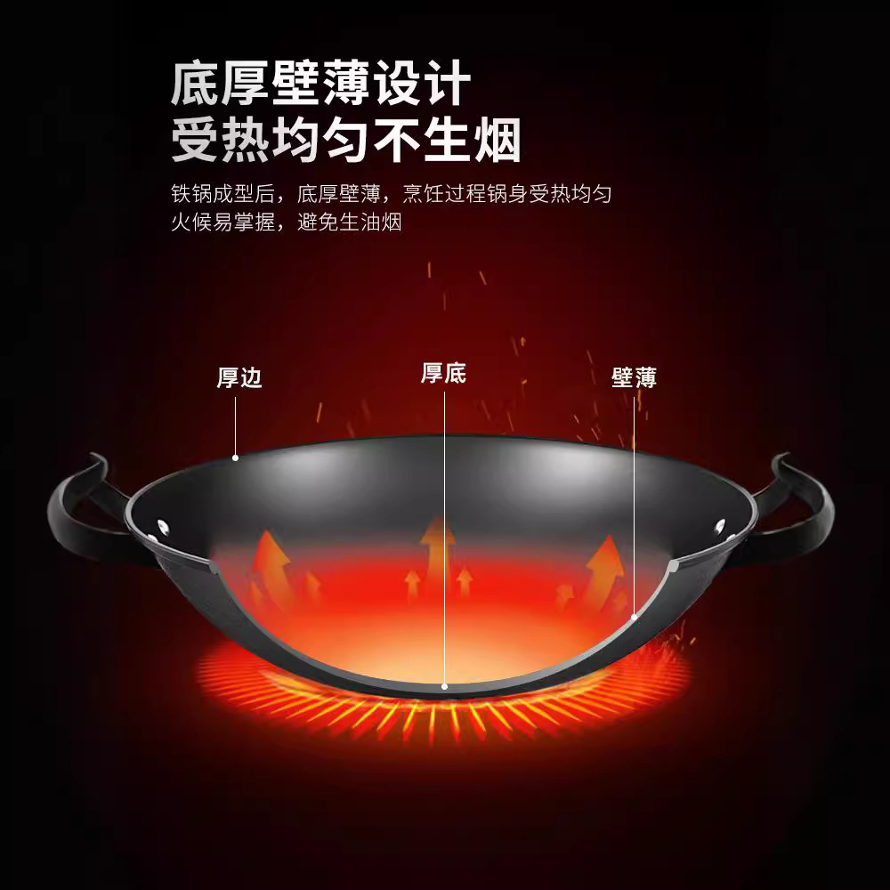 Luchuan WOK de hierro de doble oreja hogar antiguo WOK de hierro fundido no recubierto antiadherente de fondo redondo estufa de gas WOK de hierro fundido