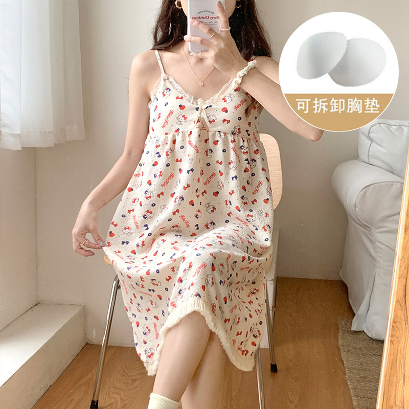 Pijama de mujer de verano dulce colgante almohadilla de pecho algodón tela arrugada princesa de estilo de pijama de mujer de verano lindo vestido