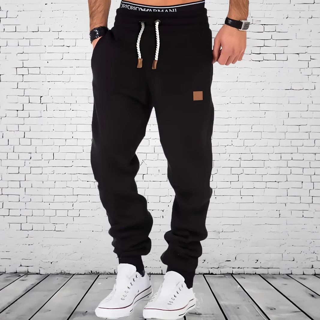 Cross-Border Trendy Men's Casual Solid Color Sports Joggers, Spring and Autumn, Adjustable Drawstring with Leather Label Decoration
