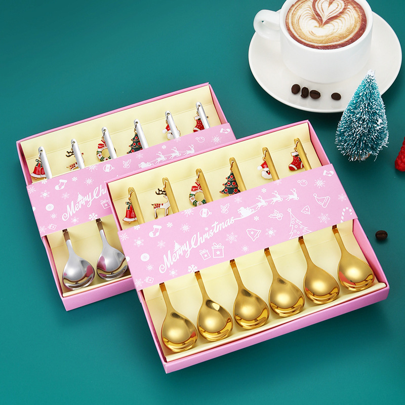 不锈钢圣诞吊坠勺水果吊坠勺叉咖啡勺金色伴手礼跨境圣诞礼盒套装