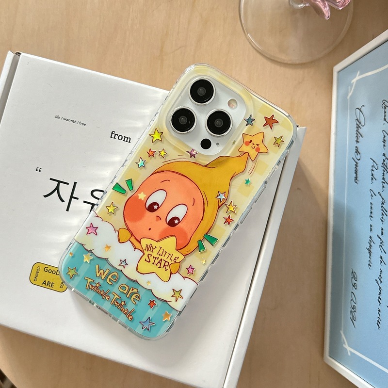 适用16ProMax可爱趣味鎏金涂鸦星星人15Pro清新蓝白黄14韩系新款|undefined