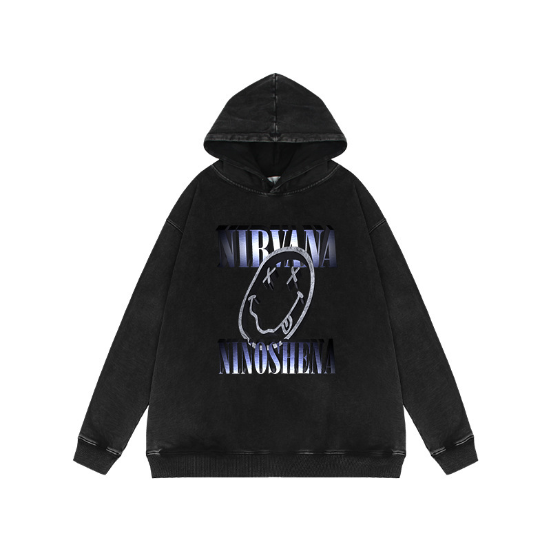 400g Heavyweight Washed Distressed Retro Hooded Sweatshirt Nirvana American Rock Trendy Brand Jacket 400g Heavyweight Washed Distressed Retro Hooded Sweatshirt Nirvana American Rock Trendy Brand Jacket