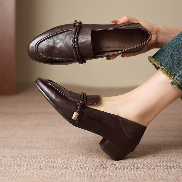 Giày lười nữ mũi vuông gót thấp kiểu Pháp phong cách cổ điển đi làm không mỏi chân — màu nâu