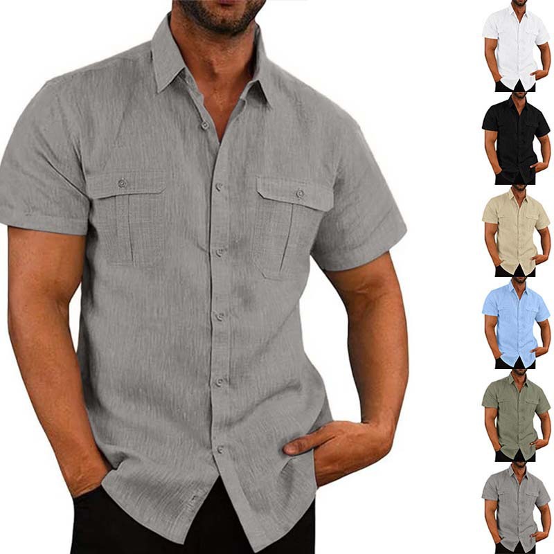 Transfronterizo Europa y América Amazon 26 camisa de verano de hombre de manga corta bolsas de color sólido Cardigan camisa de lino con solapa suelta
