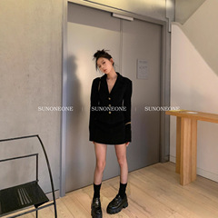 SUNONEONE 黑色小香风套装女秋季新款富家千金西装外套短裙一整套