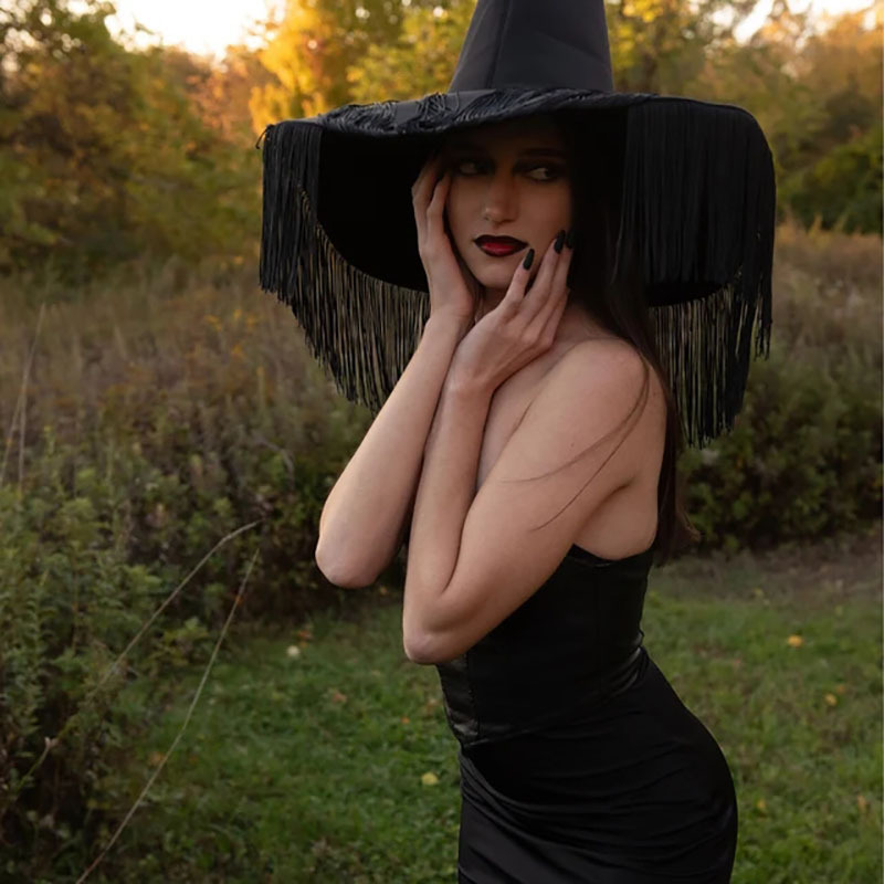 Nuovo cappello da strega in tessuto con frange plissettate per Halloween, colore nero, per feste_voghion.com