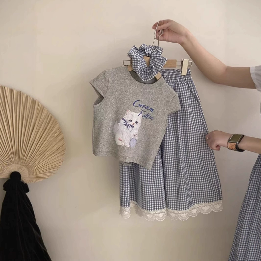 Summer Children Summer Ocean Костюм 2025 Летний детский тонкий кружевной широкий брюки для девочек с короткими рукавами