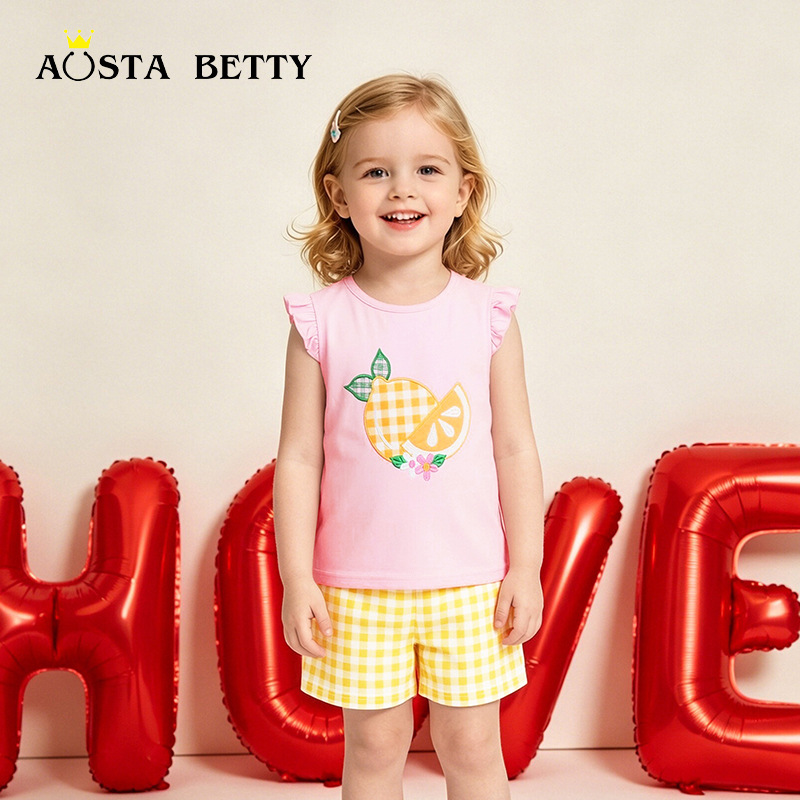 New summer girls' set, European and American style embroidered children's short-sleeved set, knitted cotton children's pants set, dropshipping available.