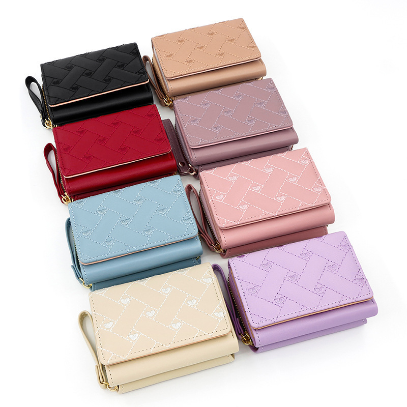 Factory direct women's short wallet embroidered love PU three fold bag card bag multi card wallet wallet wholesale
