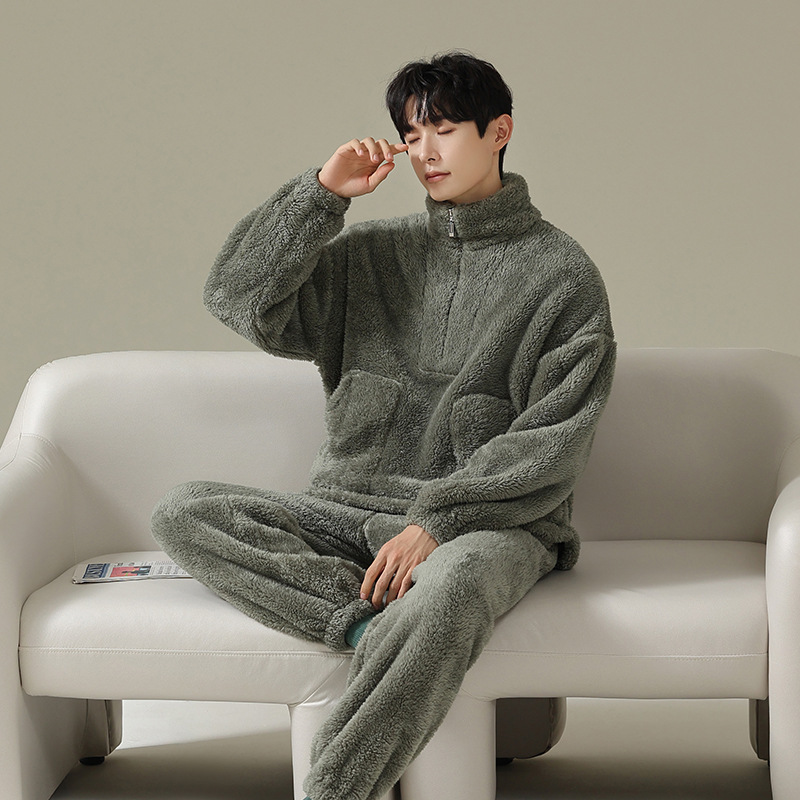 Coral fleece men's pajamas autumn and winter new warm thickened stand collar loose simple casual style home wear suit Coral fleece men's pajamas autumn and winter new warm thickened stand collar loose simple casual style home wear suit