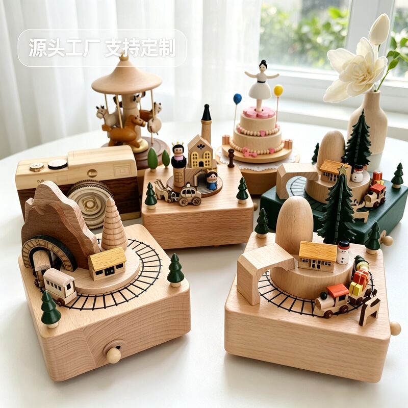 Wooden Ferris Wheel Music Box Christmas Wooden Horse Hand Rattle Handmade Music Box Crafts Creative Ornaments Toys
