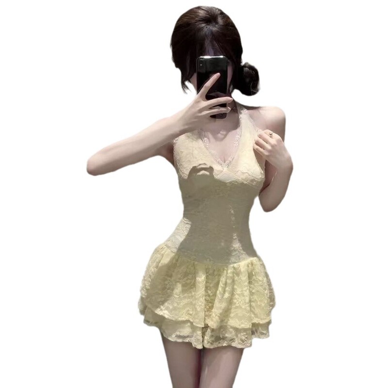【オリジナル品質】ウエスト痩身ピュアディザイア風ニットブラウス+レースインナーホルターネックドレスセット|undefined