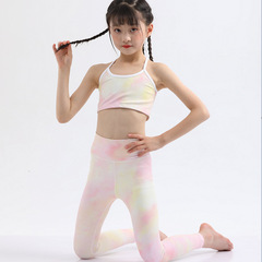 European and American girls' children's yoga outfit set: short vest, double-layered sports fitness wear, and printed running pants—wholesale available