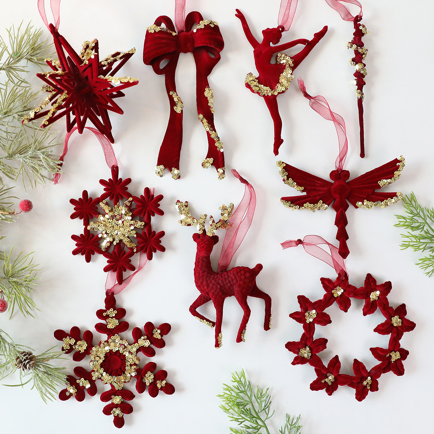 Christmas Ornament Set – 12-Piece Flocked Holiday Decorations With Reindeer, Bows & Snowflakes (Velvet-Finish, Multi-Style Hanging Pendants)_voghion.com
