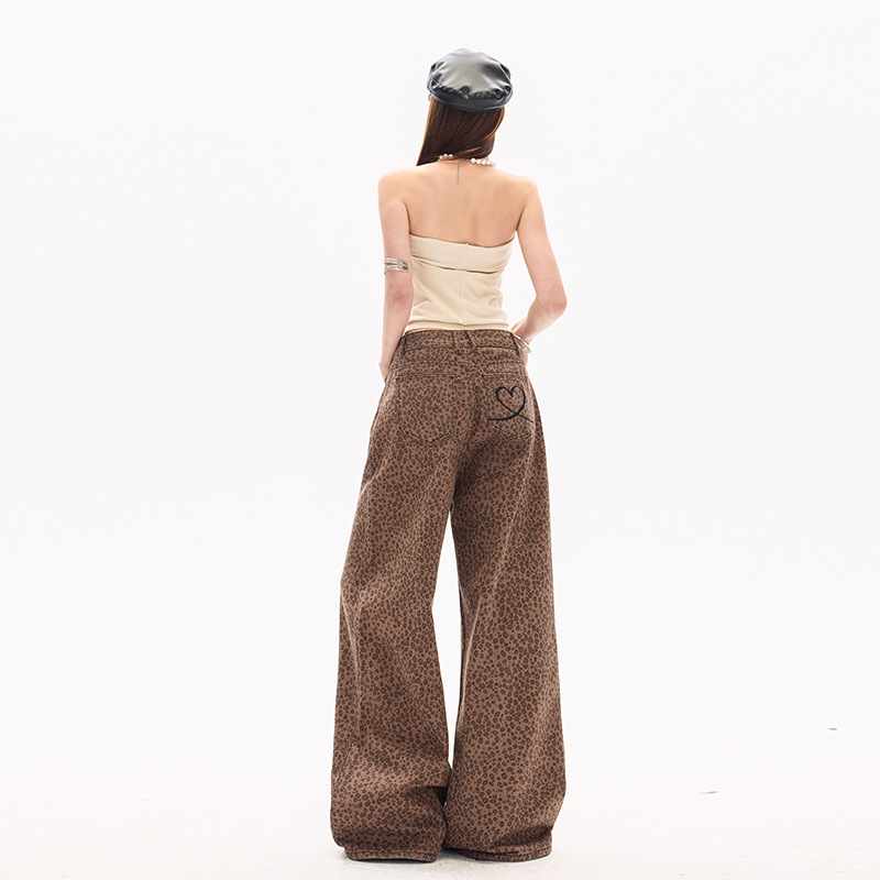 Heart Embroidery Low-Saturation American-Style Straight-Leg Pants High Street Wide-Leg Loose Jeans Long Pants Wide-Leg Casual Pants