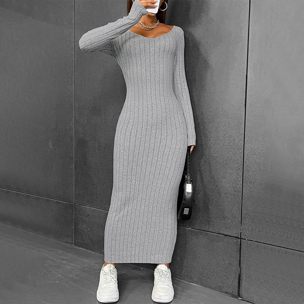 2024 New Autumn and Winter Amazon Cross-Border Women's Clothing European and American Sexy Style Dress Autumn and Winter Solid Color Hip-Covering Long Skirt