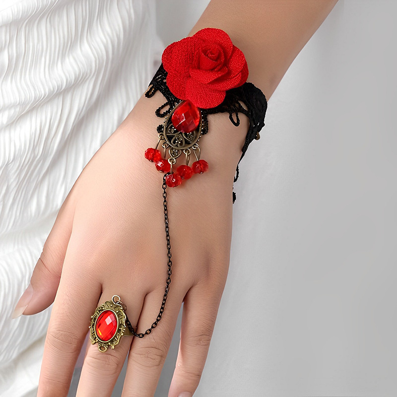 Retro Gothic Punk Hand Jewelry Fashion Wine Red Flower Lace Bracelet Red Rose Ring One-Piece Wristband Bracelet