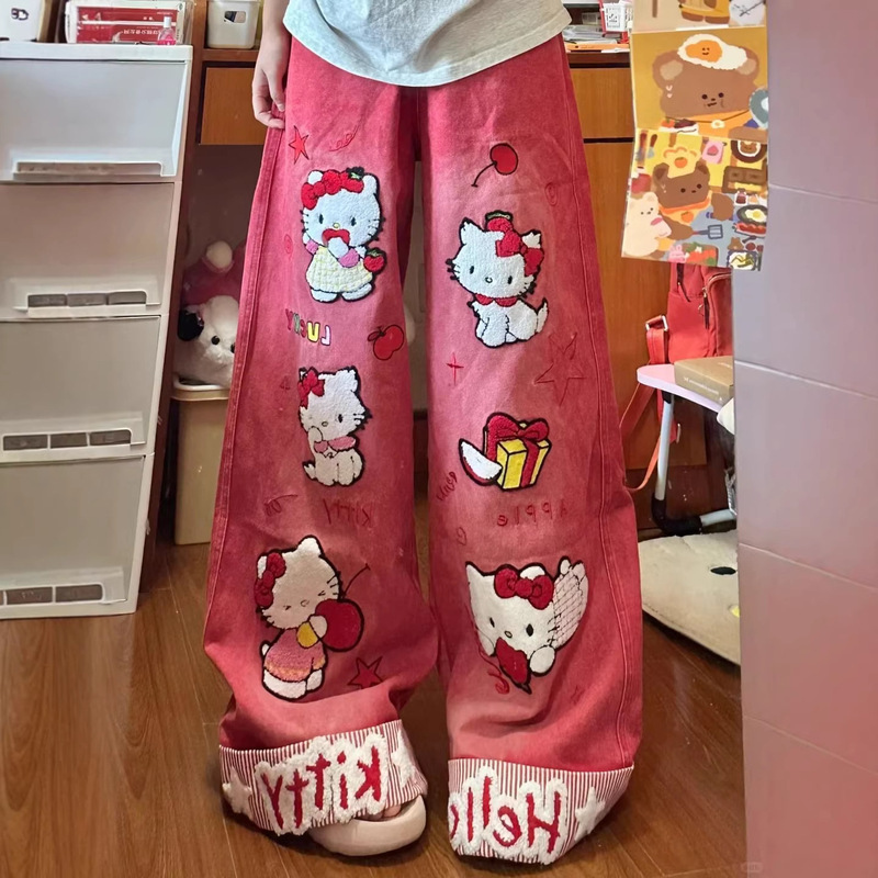 American Retro Plus-Size Hello Kitty Jeans for Women, Sweet and Cute, Loose and Drapey Wide-Leg Pants