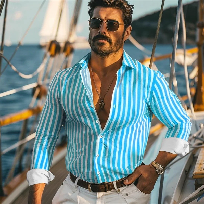 Camisa de manga larga a rayas con sentido de diseño de otoño para hombres sueltos 2024 nuevos tops se pueden usar afuera MB12