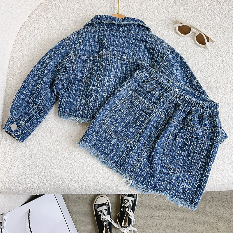 Осень с длинными рукавами, джинсовая куртка, мини-юбка, набор, стиль Chanel