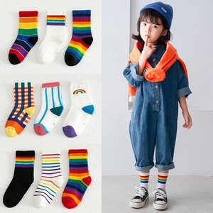 3 pair Children's baby rainbow striped hiphop dance socks boys and girls rainbow striped mid-tube tide socks student children's socks wholesale