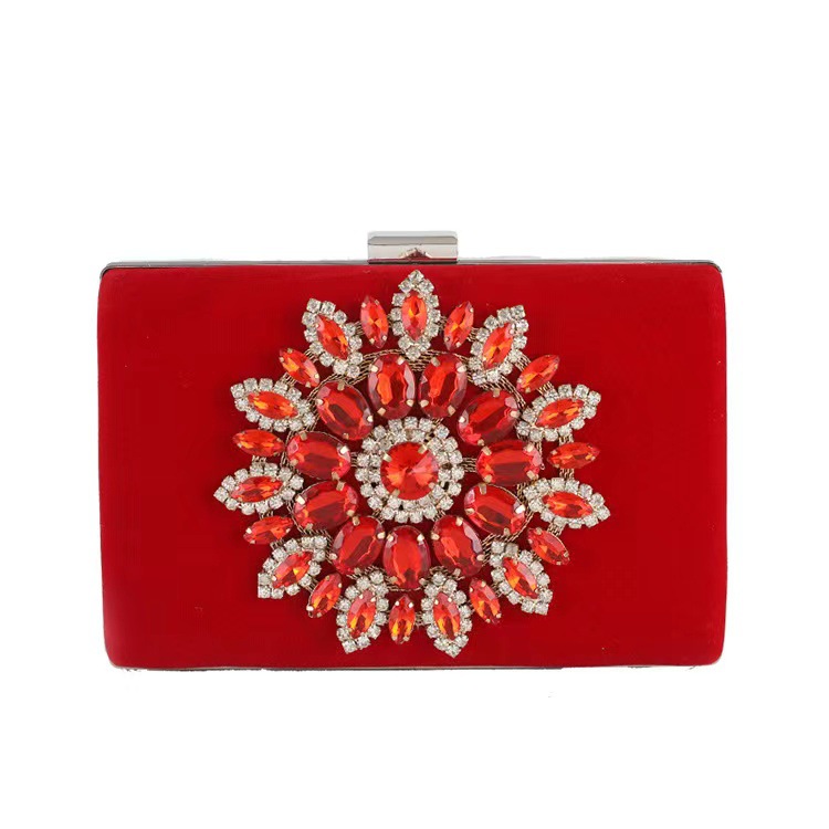 Red Blue Black Nylon Skeleton-skin Corduroy Solid Color Flower Rhinestone Square Clutch Evening Bag display picture 2