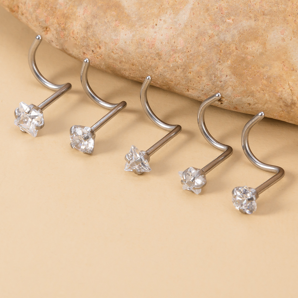 Cross-Border New Mixed Color Hao Stone Jewelry Geometric Stainless Steel Right Angle Stud Colorful Inlaid Diamond_voghion.com