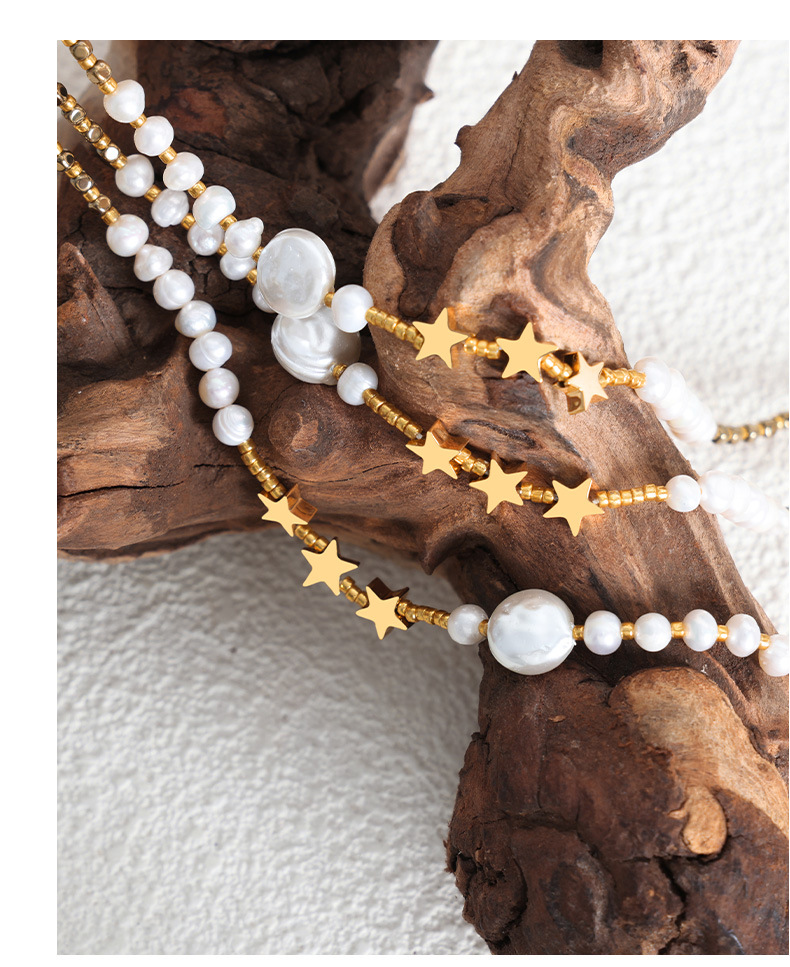 Daily, Street Occasion 304 Stainless Steel, Freshwater Pearl Material PVD Coated Real Gold Plated 18K Gold Pentagram Freshwater Pearl Titanium Steel Waterproof Non Tarnish 304 Stainless Steel Necklace