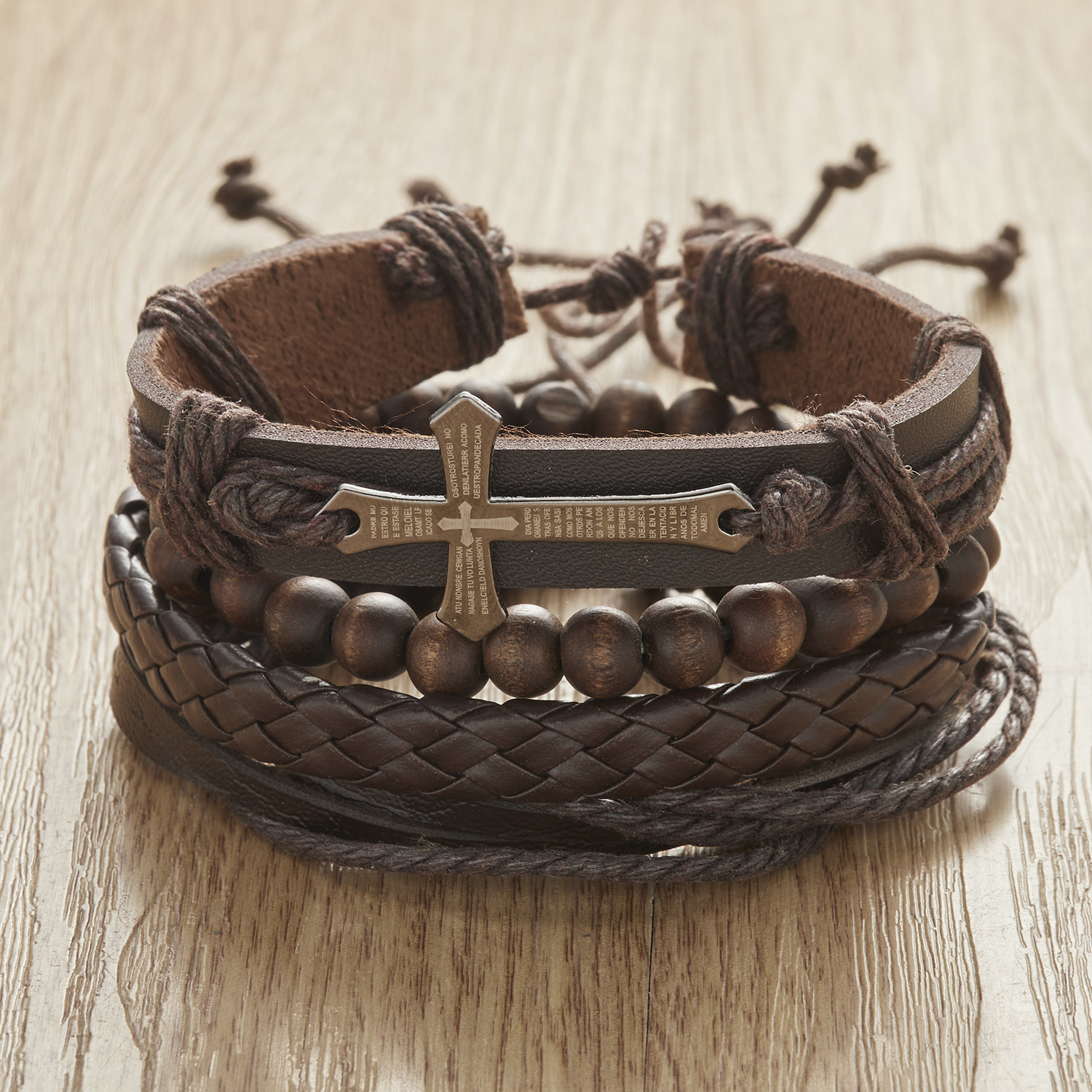 Fashion Cross Heart Shape Pu Leather Knitting Menu0027S Bracelets 1 Set