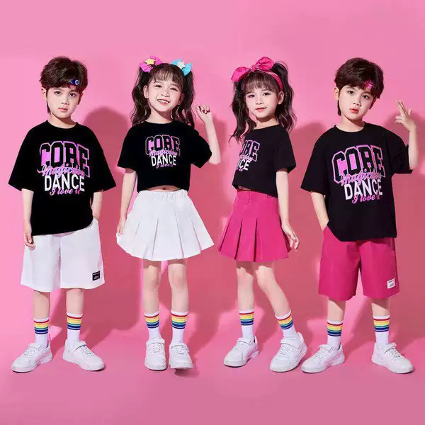Children's Performance Costumes for June 1St, Student Sports Meet Cheerleading Performance Outfits, Kindergarten Black and Rose Red Color-Block Short-Sleeve Clothing