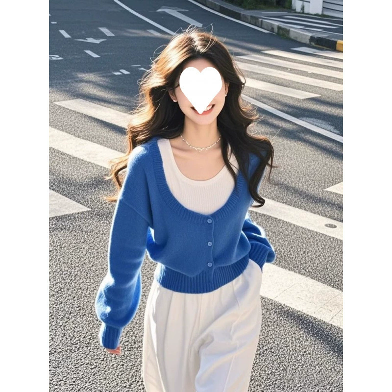 Blue knitted set, autumn sweater, western style