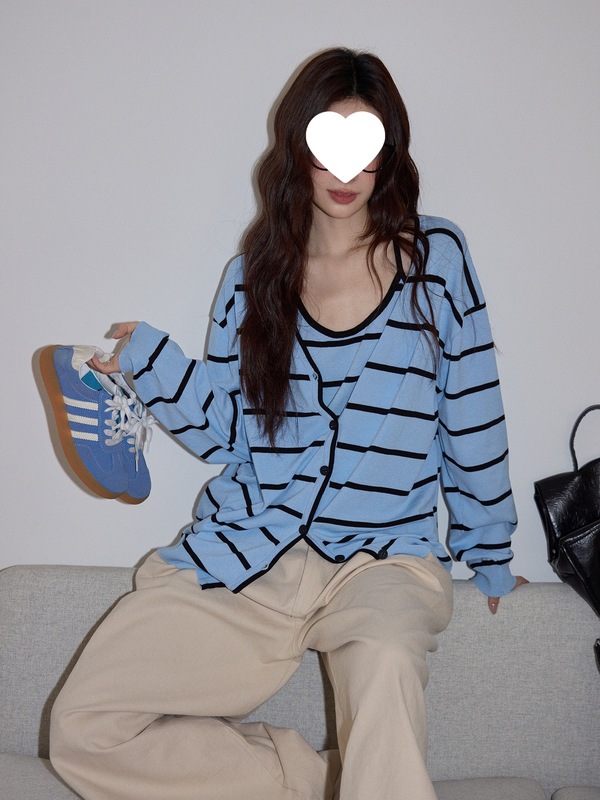 吵吵家韩系蓝色条纹毛衣女2025秋慵懒宽松休闲长袖针织衫外搭开衫|undefined