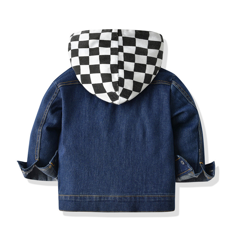 New Children's Denim Checkerboard Hooded Blue Cotton Denim Long-sleeved Jacket display picture 2