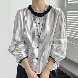 2026年秋装圆领条纹棉麻衬衫女韩系宽松木耳边设计感上衣潮款衬衫