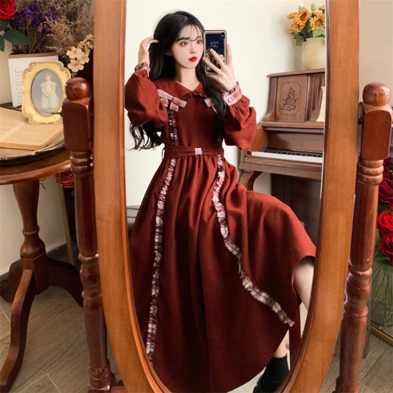 大码胖学院风减龄蝴蝶结连衣裙女秋冬季胖妹妹显瘦灯芯绒长裙子|undefined
