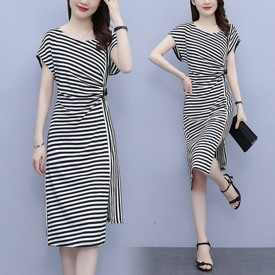 Fat women dress MM2022 new pattern fashion temperament Easy Mid length version summer stripe Show thin skirt