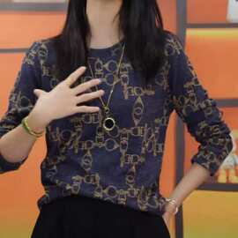 2025新款圆领复古打底衫气质宽松妈妈装长袖t恤女士减龄百搭上衣